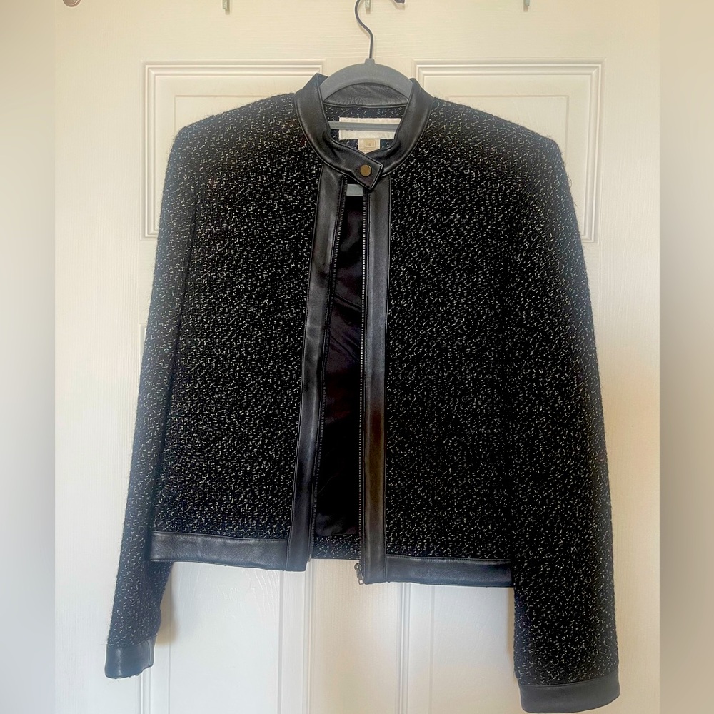 Jones New York Women’s Black Tweed Blazer With Full Black Leather Trim Size 6